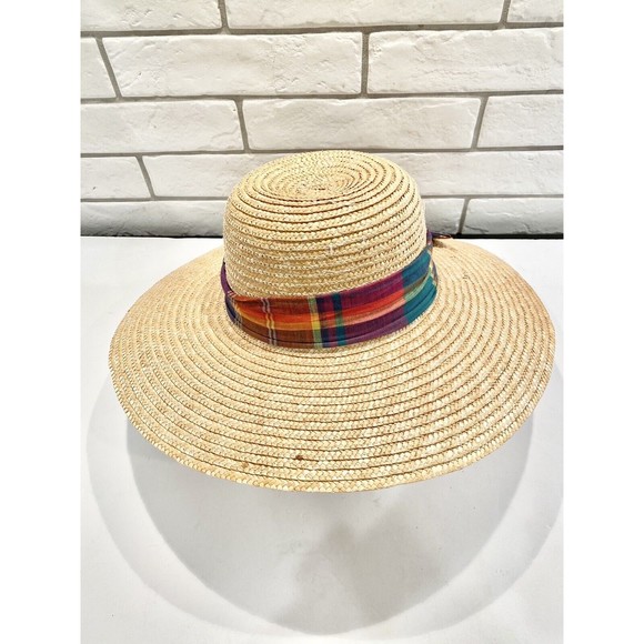 Wheat Natural Panama hat wide brim Straw large summer sun Rainbow Ribbon Accent - Picture 1 of 7